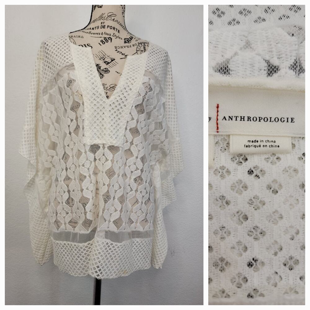 By Anthropologie Sheer Lace Poncho one size Bohemian, Romantic Beachy White